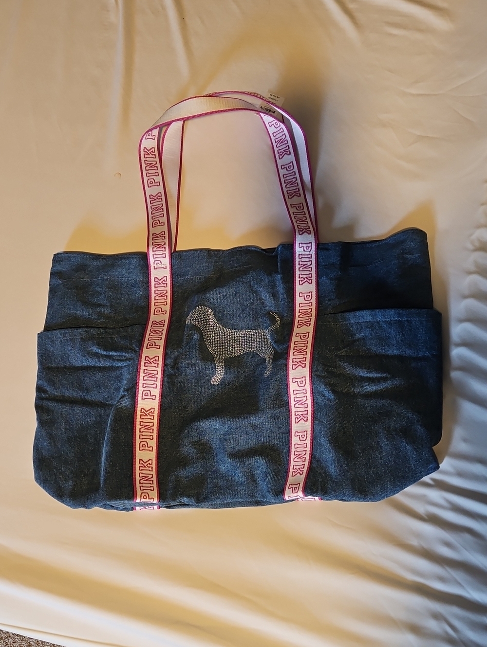 PINK Victoria's Secret Denim Tote with Pink Logo Straps and Rhinestone Dog